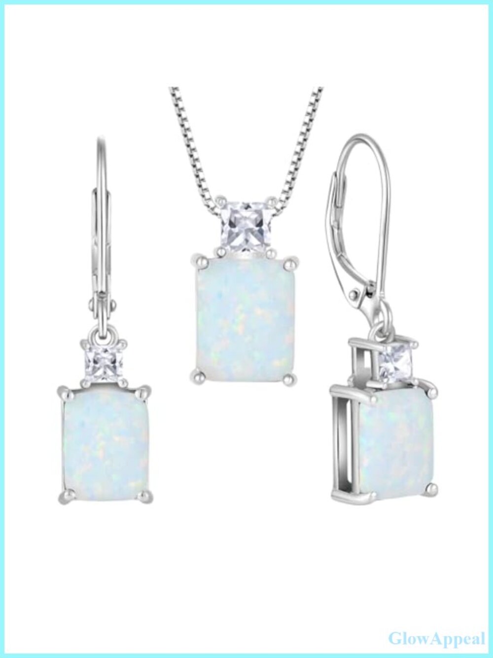 925 Sterling Silver Necklace Earrings Set Emerald Cut Created Opal Pendant